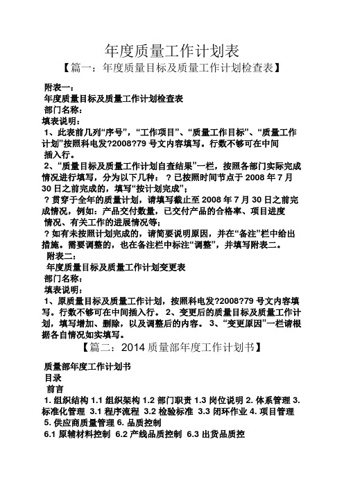 年度质量工作计划表