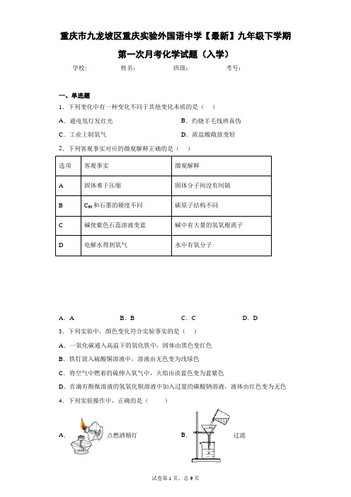 2020-2021学年九年级下学期第一次月考化学试题(入学)
