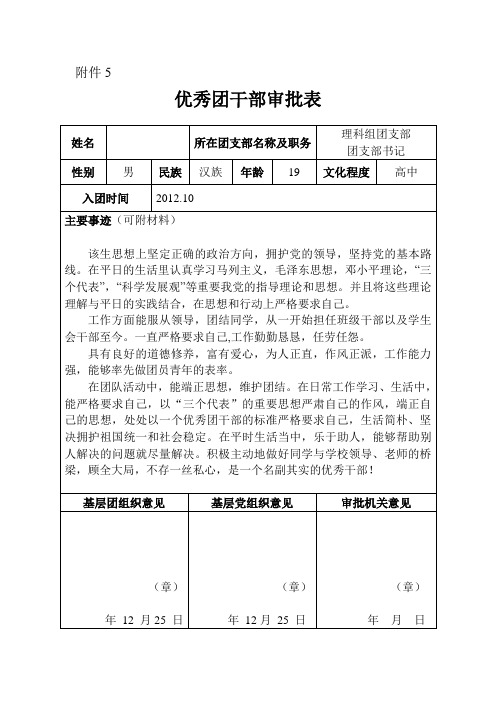 优秀团干部审批表