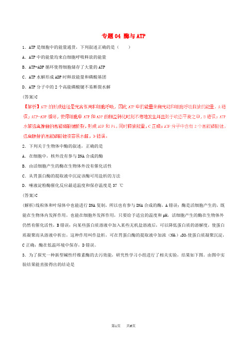 高考生物试题分项版解析专题04酶与ATP含解析