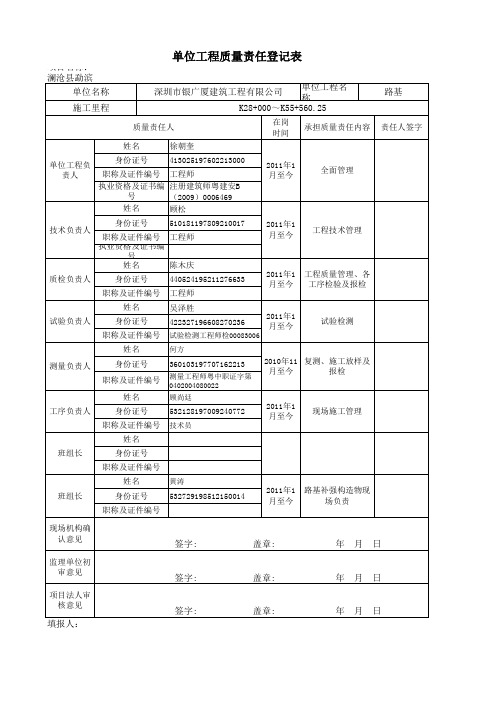 公路建设项目施工单位工程质量责任登记表