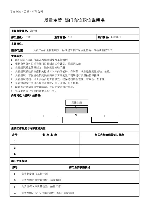 质量主管 部门岗位职位说明书