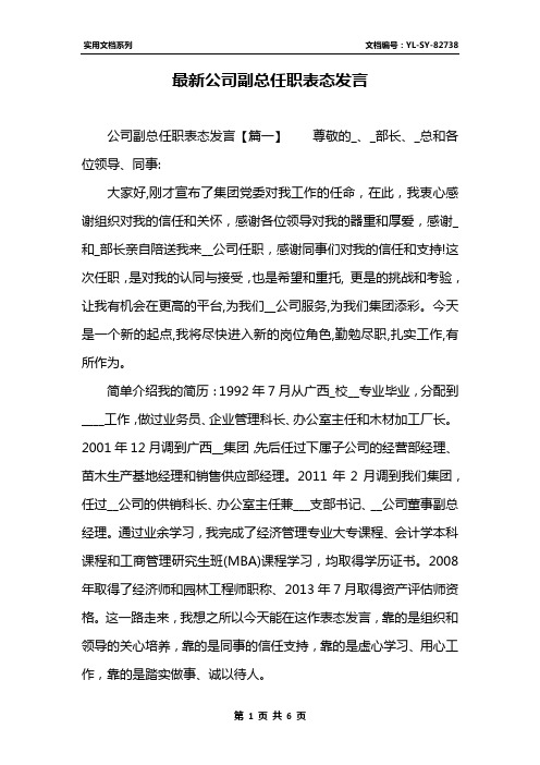 最新公司副总任职表态发言