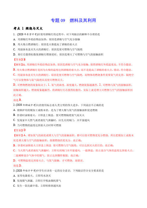 专题09 燃料及其利用-2020年中考化学真题分专题训练(山东专版)(教师版含解析)