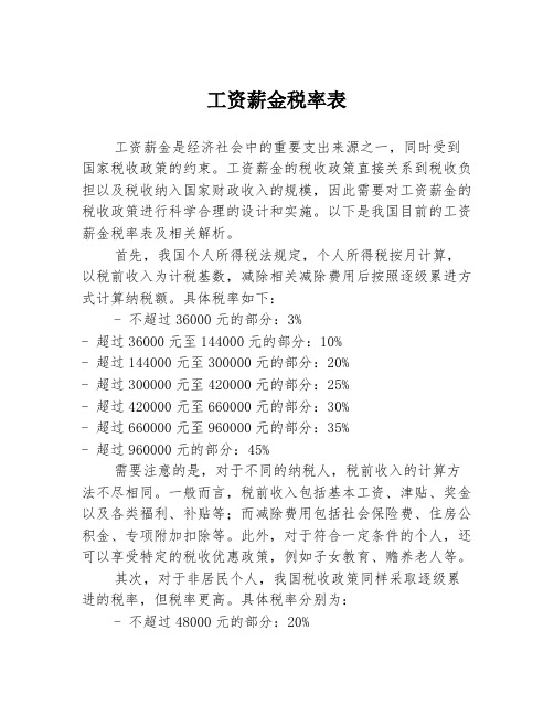 工资薪金税率表