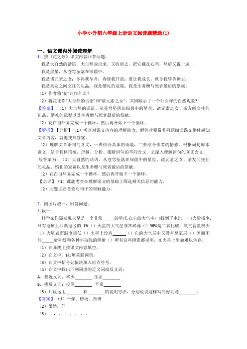 小学小升初六年级上册语文阅读题精选(1)