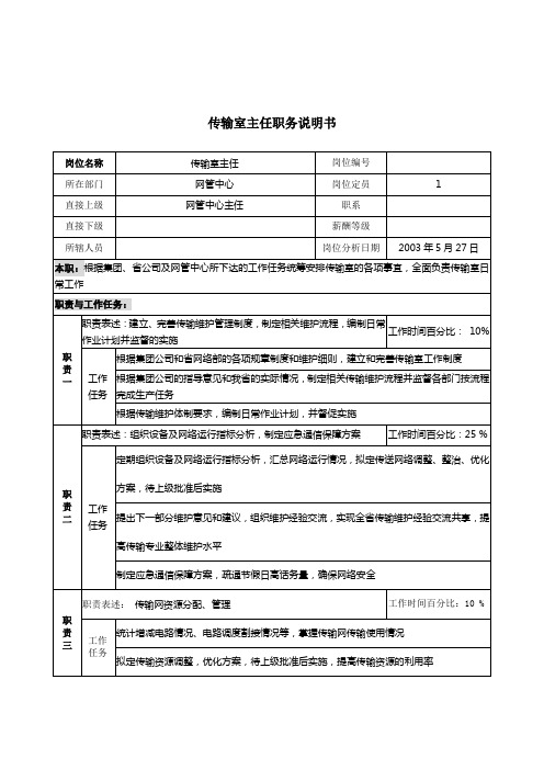 材料行业-网管中心-传输室主任岗位说明书