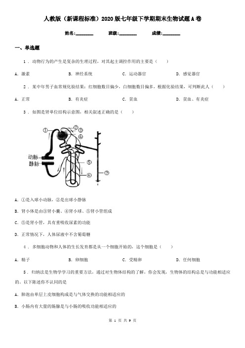 人教版(新课程标准)2020版七年级下学期期末生物试题A卷新版