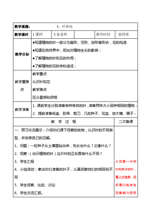 (苏教版三年级下册科学)第二单元：3叶和花