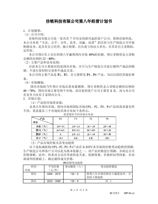 XX科技有限公司第八年经营计划书