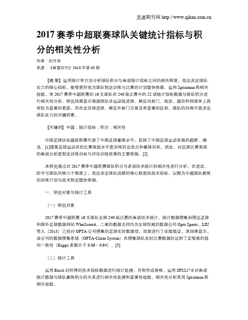 2017赛季中超联赛球队关键统计指标与积分的相关性分析