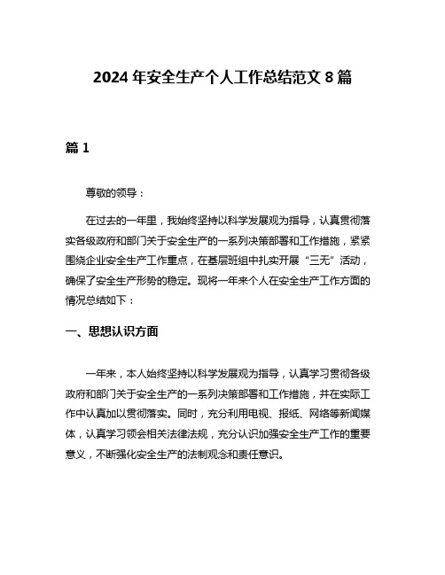 2024年安全生产个人工作总结范文8篇