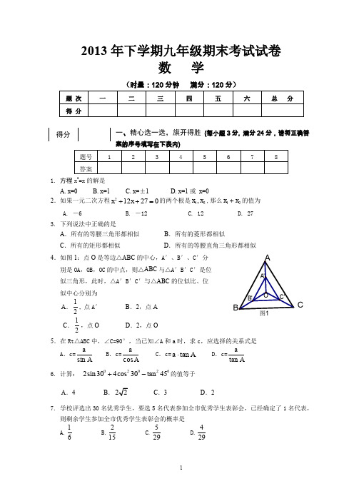 2013年下学期九年级期末考试数学试卷及参考答案.doc