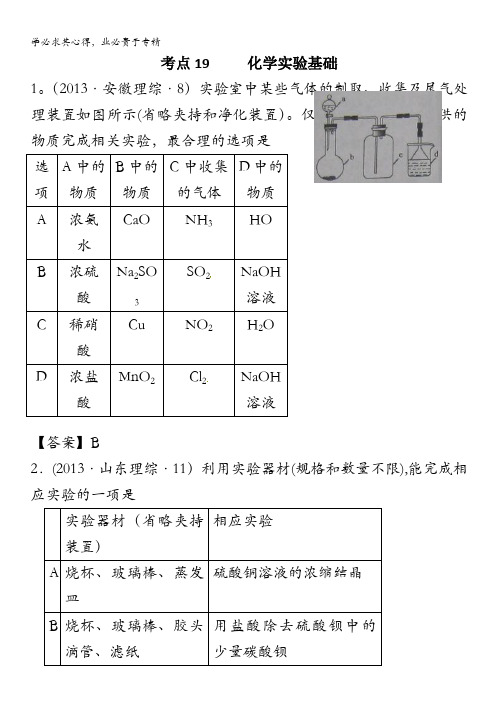 2013年全国高考化学真题分类汇编(含答案,暂无解析)—考点19 化学实验基础