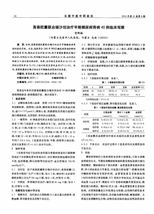 黄葵胶囊联合缬沙坦治疗早期糖尿病肾病40例临床观察