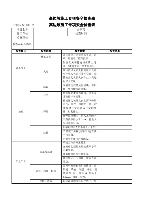 高边坡施工专项安全检查表