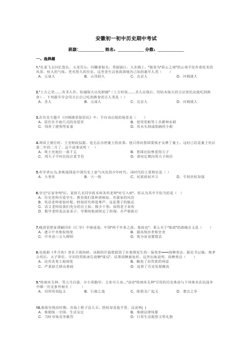 安徽初一初中历史期中考试带答案解析
