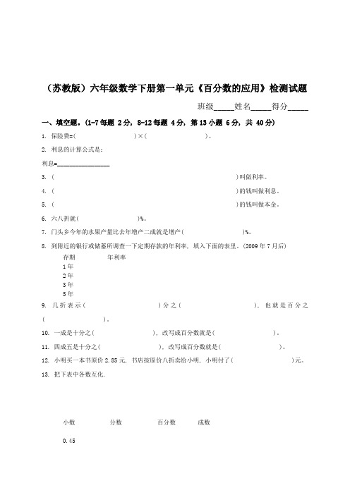 2020新版苏教版小学六年级数学下册第一单元百分数的应用试卷