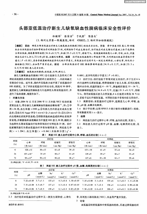 头部亚低温治疗新生儿缺氧缺血性脑病临床安全性评价