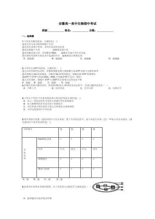 安徽高一高中生物期中考试带答案解析
