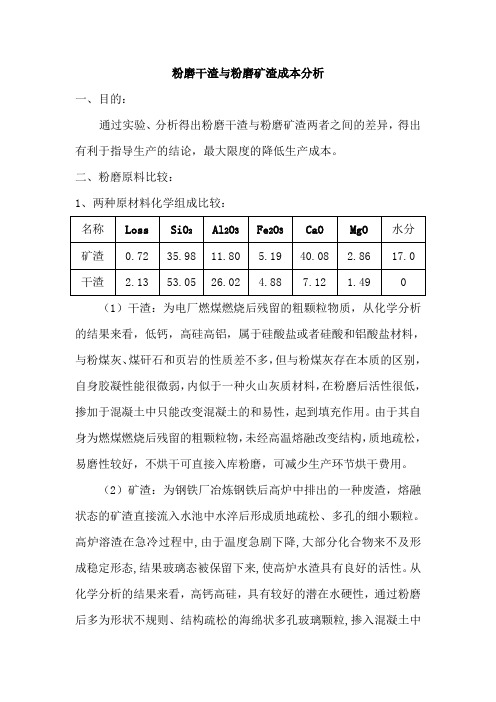 粉磨干渣与粉磨矿渣成本分析