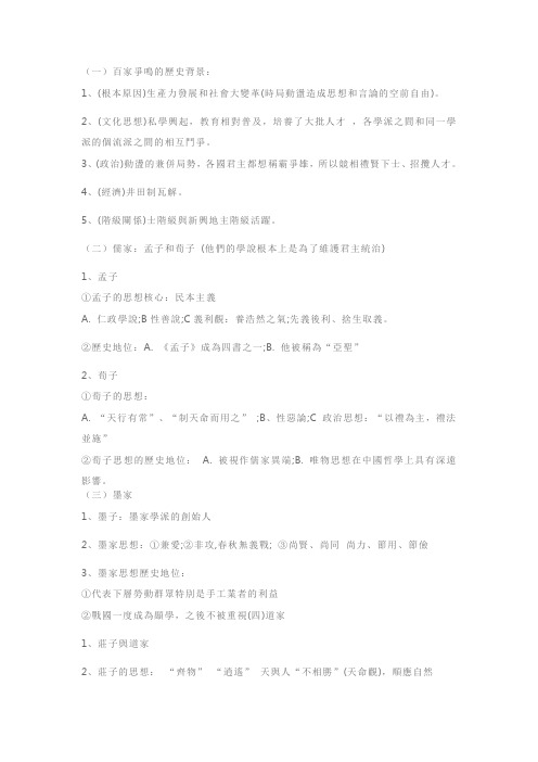 人教版高二历史必修三知识点：战国时期的百家争鸣