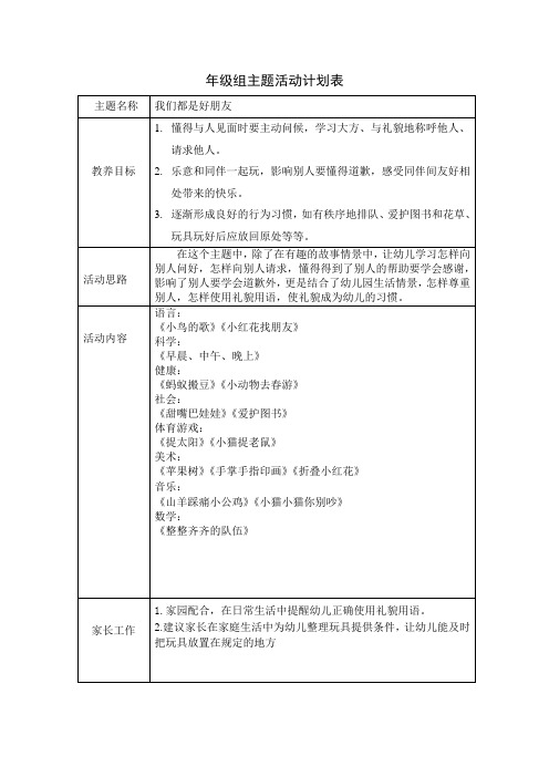 主题活动计划表----我们都是好朋友