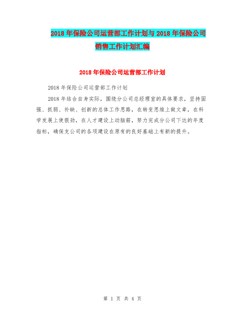 2018年保险公司运营部工作计划与2018年保险公司销售工作计划汇编