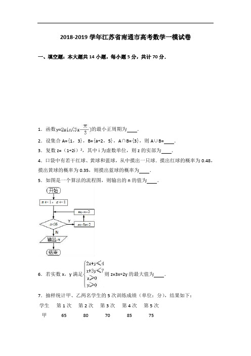 2019届江苏省南通市高考数学一模试卷 Word版含解析