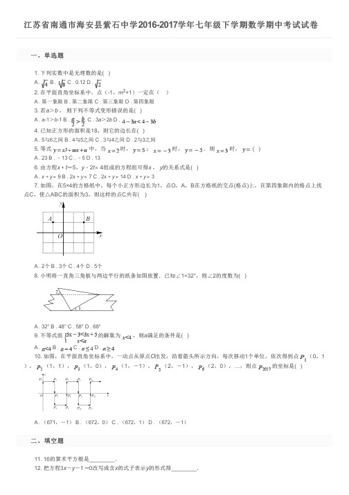 江苏省南通市海安县紫石中学2016-2017学年七年级下学期数学期中考试试卷及参考答案
