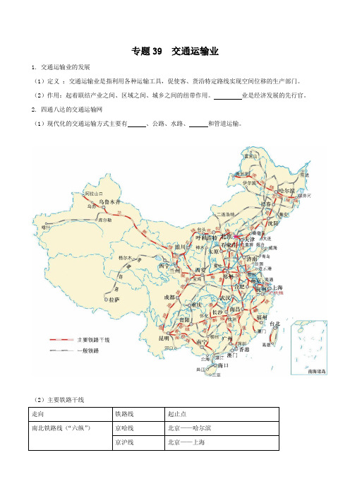 专题39 交通运输业 - (知识默写背诵清单)- 2024年[地理]中考复习【默写清单】