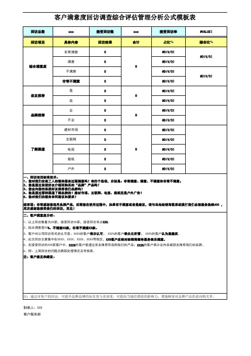 客户满意度回访调查综合评估管理分析公式模板表