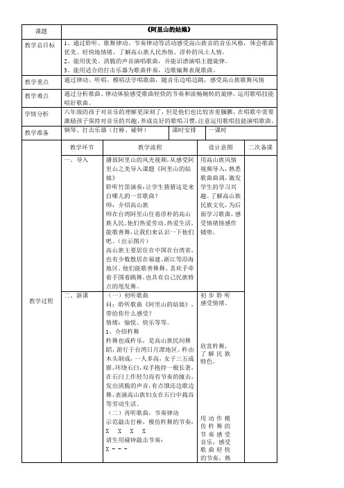 小学音乐人音六年级上册(2023年新编)第6课两岸情深-《阿里山的姑娘》教学设计
