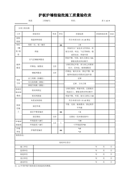 13.护板炉墙检验批施工质量验收表 4.12.9