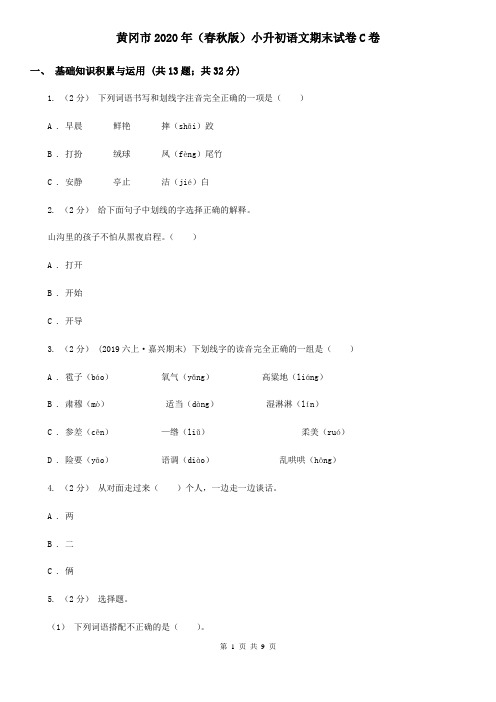 黄冈市2020年(春秋版)小升初语文期末试卷C卷
