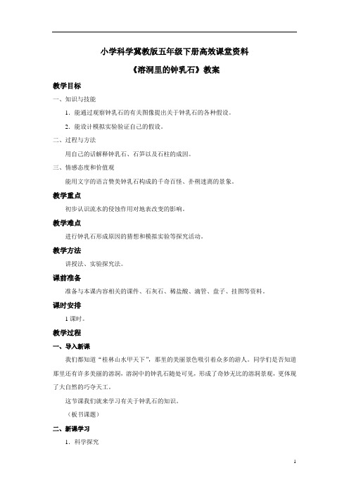 小学科学冀教版五年级下册高效课堂资料《溶洞里的钟乳石》教案