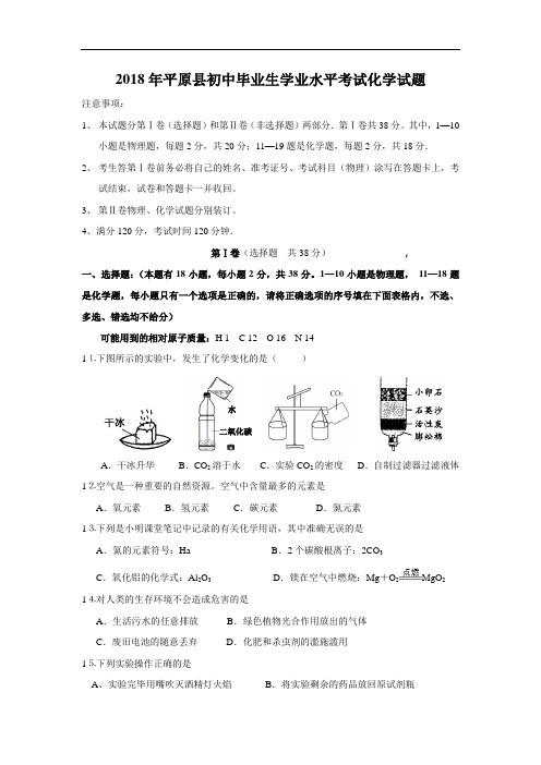 最新-2018年山东省平原县中考化学试题及答案 精品