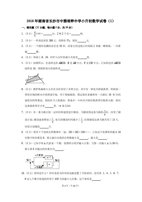 2018年湖南省长沙市中雅培粹中学小升初数学试卷(1)(解析版)
