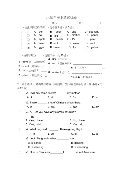 (完整word版)小升初英语试卷