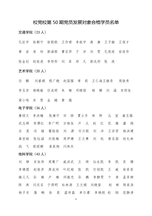 校党校第50期党员发展对象合格学员名单