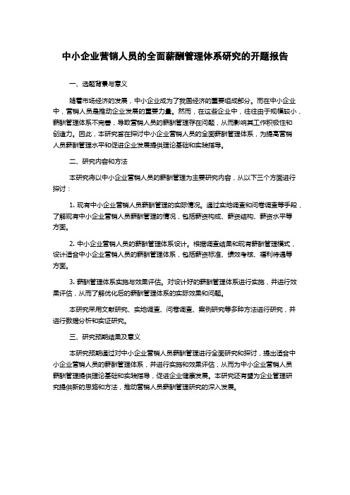 中小企业营销人员的全面薪酬管理体系研究的开题报告