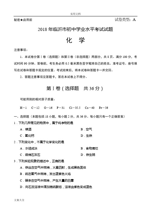 2018山东省临沂市中学考试化学精彩试题及问题详解