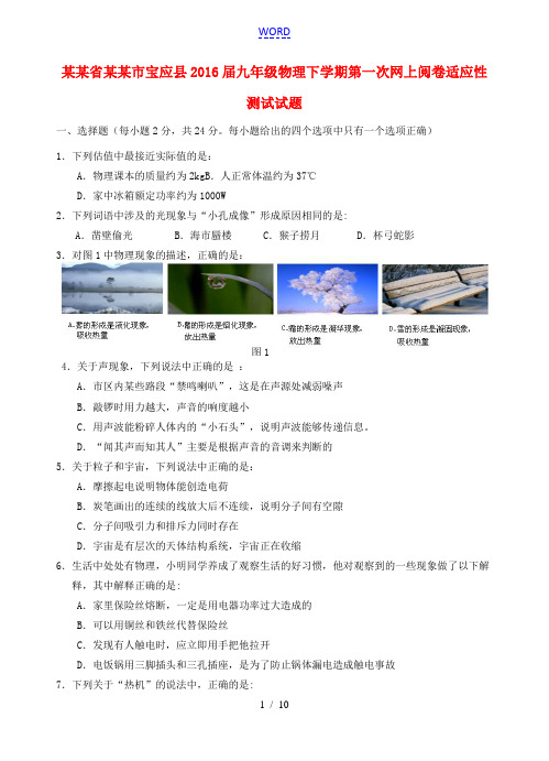 江苏省扬州市宝应县九年级物理下学期第一次网上阅卷适应性测试试题-人教版初中九年级全册物理试题