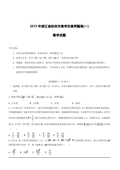 浙江省杭州市2019届高三高考数学仿真押题卷(一)附答案