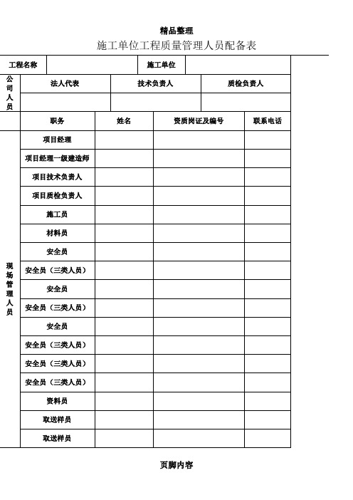 施工单位工程质量管理人员配备表