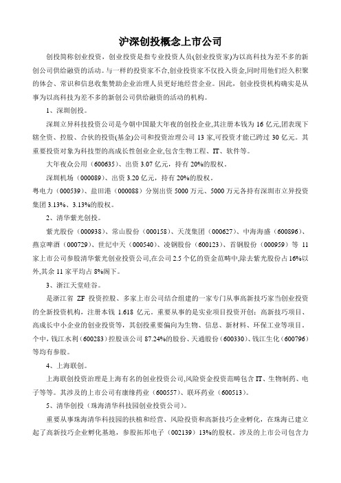 沪深创投概念上市公司