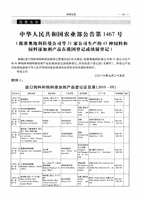 中华人民共和国农业部公告第1467号(批准奥地利拉曼公司等31家公司生产的43种饲料和饲料添加剂产品在我