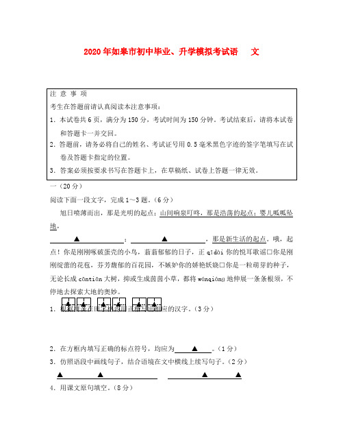 江苏省如皋市2020年中考语文模拟试卷试题(无答案) 人教新课标版