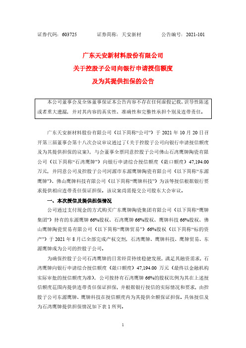 603725天安新材关于控股子公司向银行申请授信额度及为其提供担保的公告