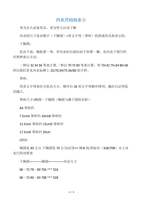 内衣尺码常识